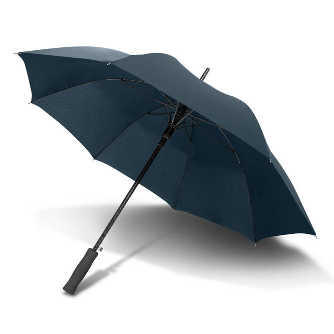 A navy blue umbrella with a black handle, featuring a logo and a sturdy design.