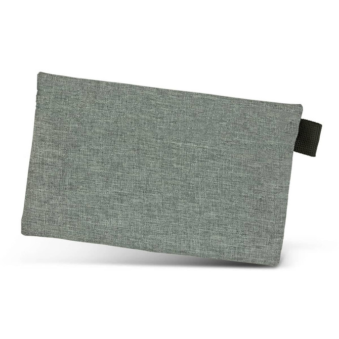 A grey tech pouch with a textured fabric finish and a fabric loop for attachment. Features one logo.