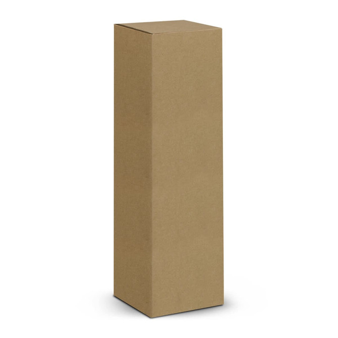 A tall, brown cardboard box standing upright with a simple, unmarked design.