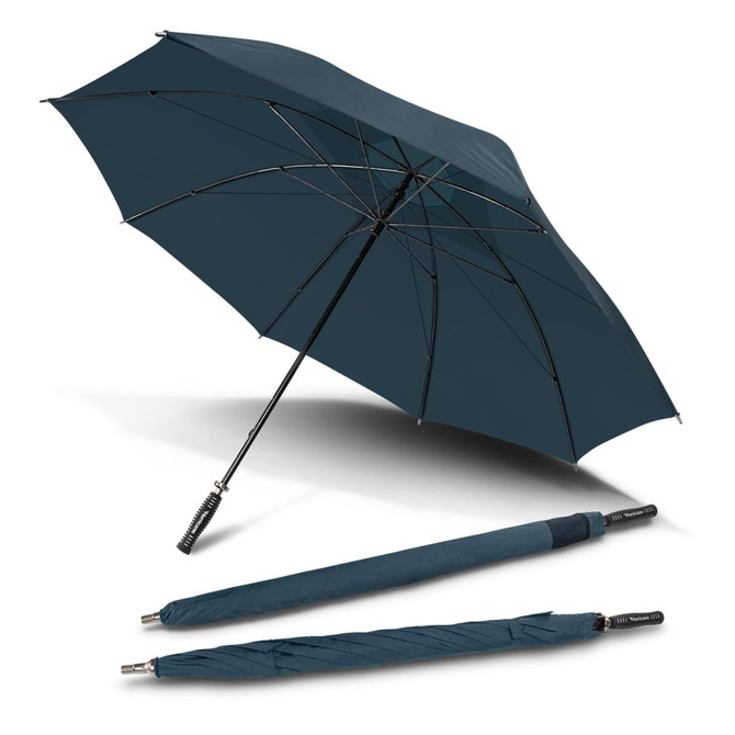 A dark teal sport umbrella displayed open with its collapsed form beside it, featuring a handle with a logo.