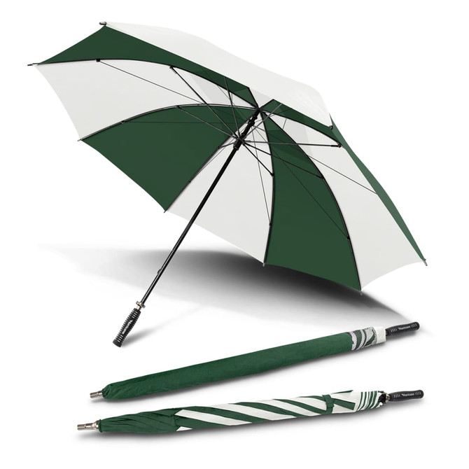 A large green and white umbrella with a sturdy handle, displayed open and alongside its folded version.