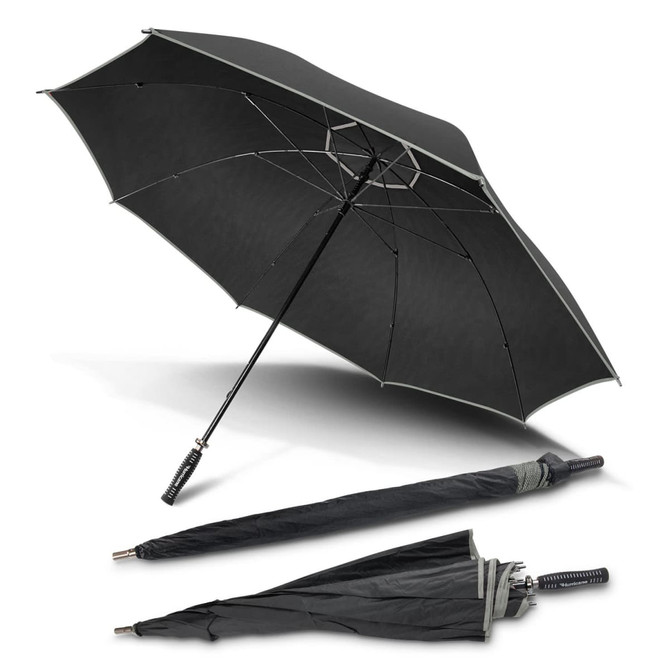 A black Hurricane Sport Umbrella with a sturdy handle, shown both open and folded. It features a logo on the handle.