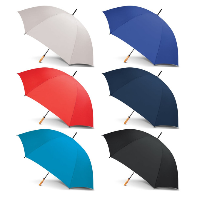 A set of six umbrellas in grey, blue, red, navy, teal, and black, each with a wooden handle and a logo.