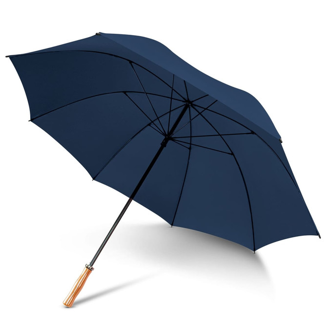 A navy umbrella with a wooden handle, featuring a classic design and a black metal frame.