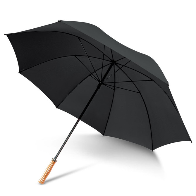 A black umbrella with a wooden handle and metallic frame, featuring a logo on the canopy.