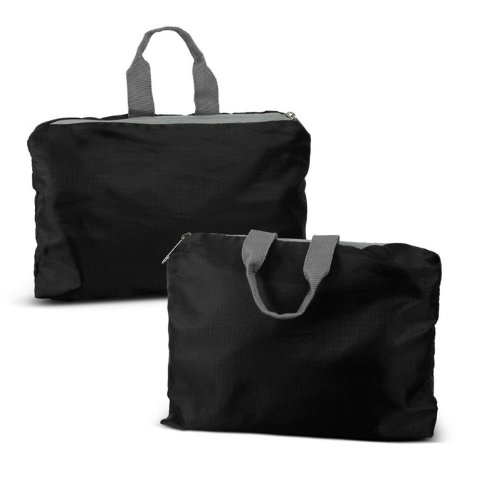 A black foldable duffle bag with grey handles, featuring a zip closure and a compact design.