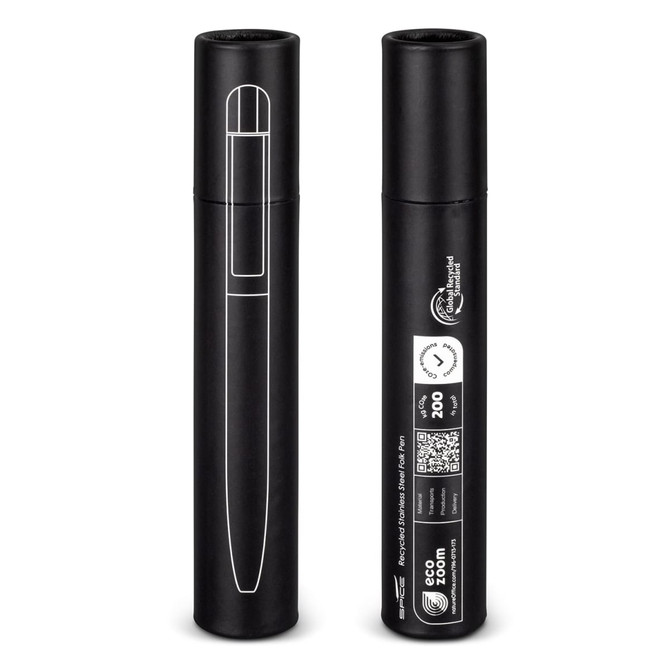 A sleek black metal pen in a matching display tube, featuring a logo on the side.