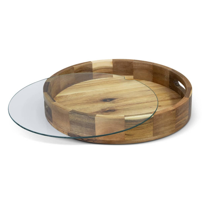 A wooden tray with a textured finish and a removable glass top, featuring circular handles for easy carrying.