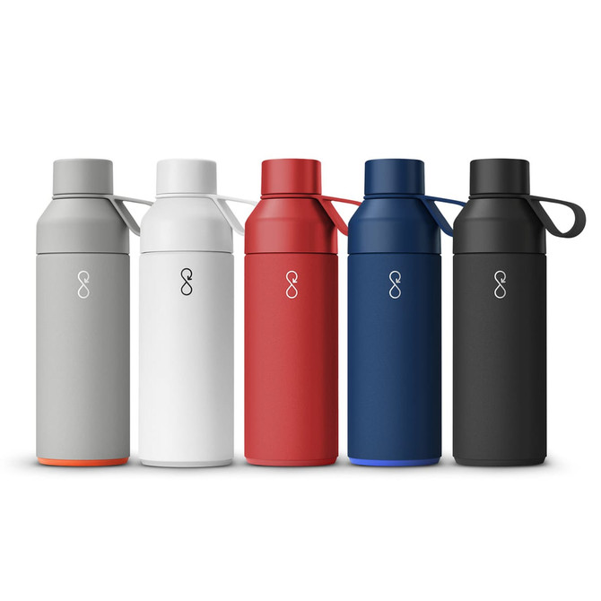A drink bottle collection featuring grey, white, red, navy, and black options, each with a logo and carrying strap.