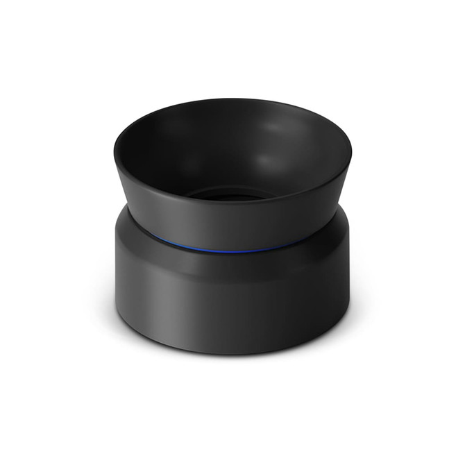 A drink bottle in sleek black with a curved design and a blue accent, featuring a logo.