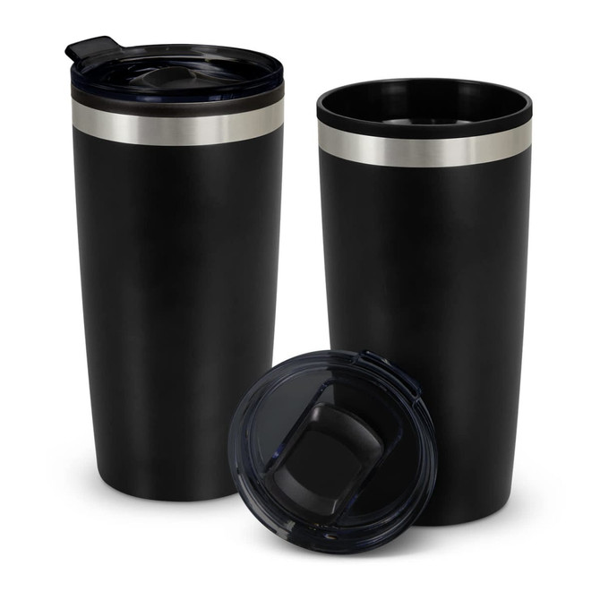 A double wall cup in matte black with a silver band and a clear lid. Two cups are displayed, one with the lid.