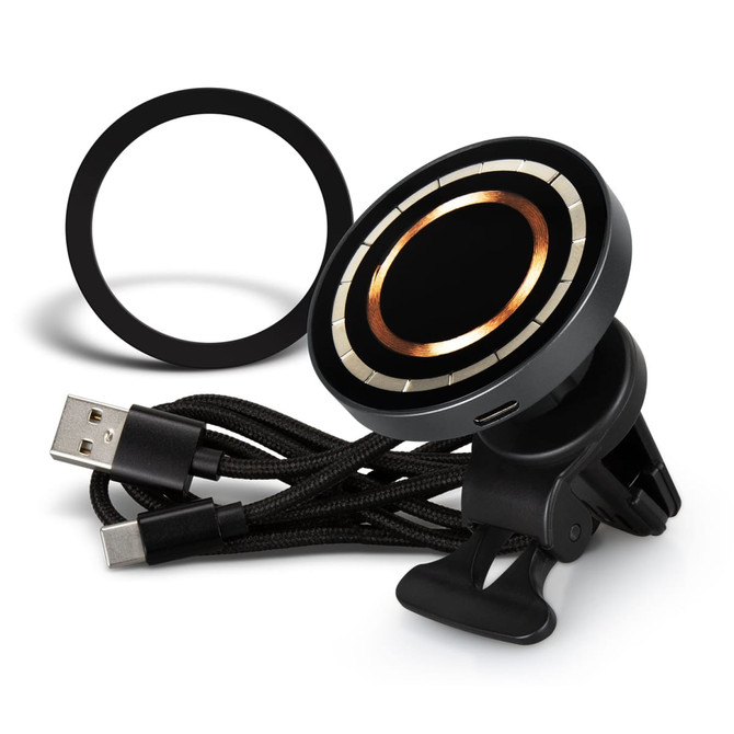 A black wireless car charger with a circular design, accompanied by a USB cable and a mounting clip.