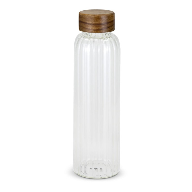 A drink bottle with a clear, ribbed glass body and a wooden lid, showcasing a sleek and modern design.