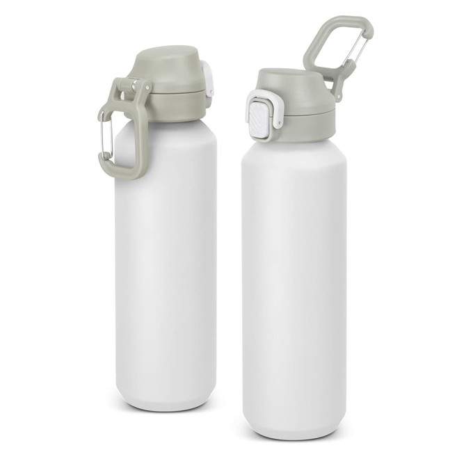 A drink bottle made of recycled aluminium, featuring a white body and a light green cap with a handle.