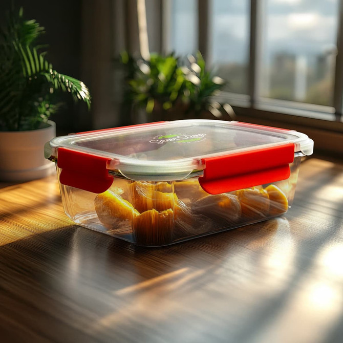 A clear lunch box with red clips contains bright yellow food items, set against a sunlit window.