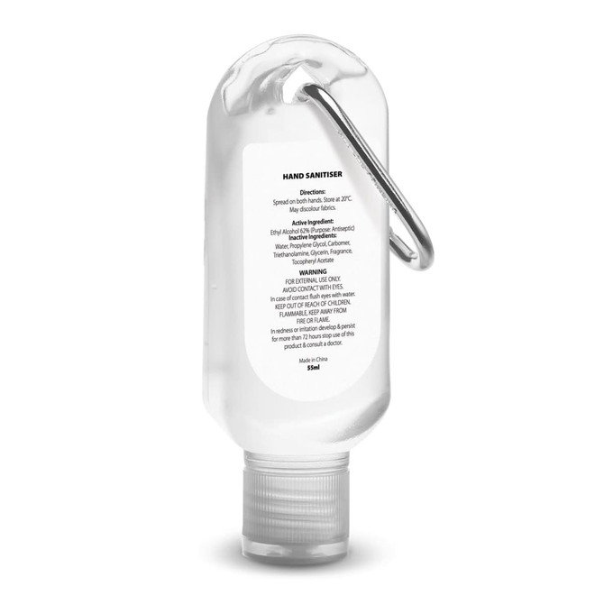A clear 55ml hand sanitiser bottle with a carabiner attachment and a silver cap. It features a logo.