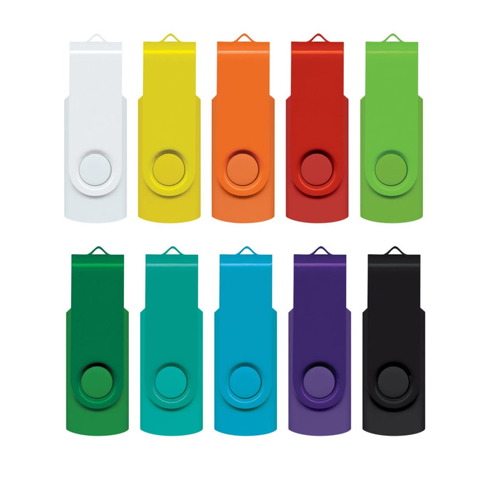 A collection of ten Helix 4GB flash drives in various colours: white, yellow, orange, red, green, dark green, teal, blue, purple, and black.