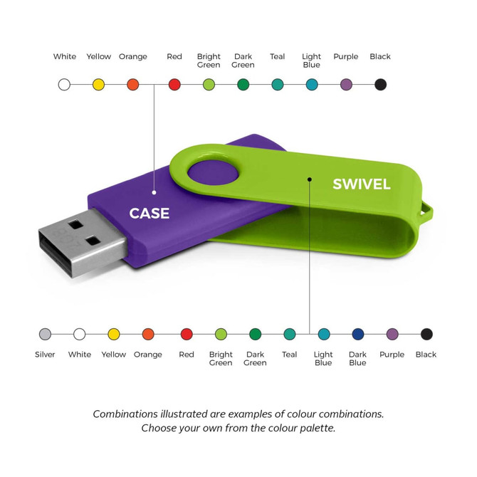 A purple and green swivel USB flash drive with various colour options displayed alongside.