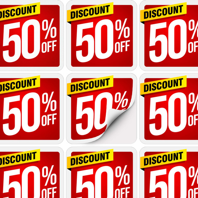 A grid of square stickers featuring a red background with a discount label, displaying 50% off.