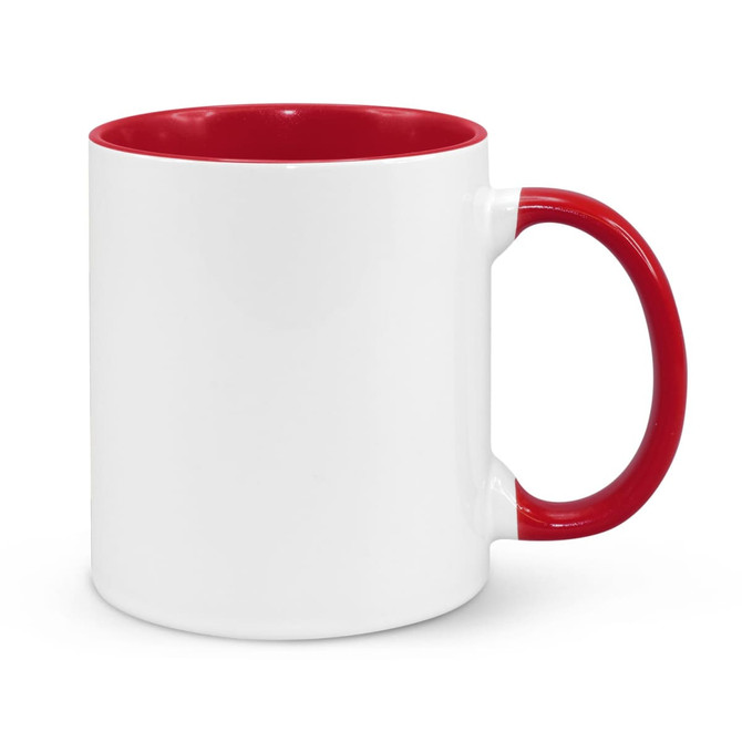 A coffee mug featuring a white exterior with a red interior and handle. It includes a logo on the surface.