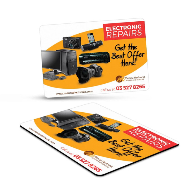 A rectangular fridge magnet featuring various electronic devices, predominantly in black and orange, along with a logo.