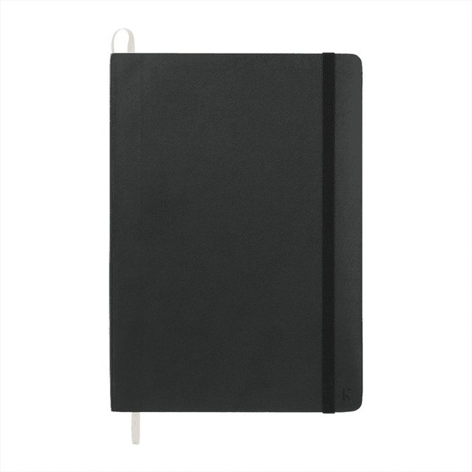 A dark green A5 softcover notebook with an elastic band closure and a ribbon bookmark, featuring a logo.