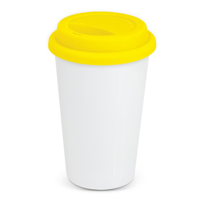 A double wall coffee cup in white with a bright yellow lid, featuring a logo.