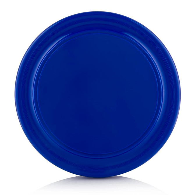 A blue Frisbee featuring a simple design with a smooth surface and a logo on the underside.