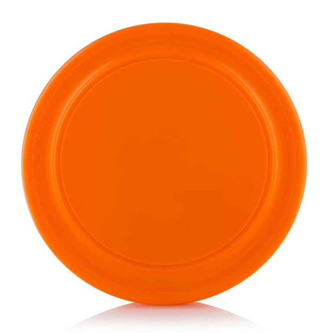 An orange Frisbee featuring a smooth surface and a ridged edge, with a branding logo on the centre.