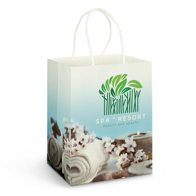 A large, full-colour paper carry bag with a graphic design, featuring a logo and a light green gradient.