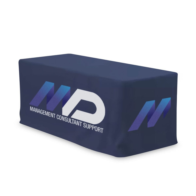 A fitted table cover in dark blue, featuring a logo and company name in white and light blue.