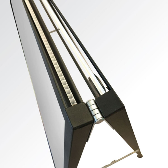 A black 900x1200 insertable A-frame sign with a silver hinge, designed for exhibitions and events.
