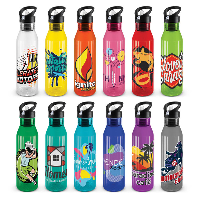 A drink bottle collection featuring various translucent colours, including yellow, orange, pink, green, and purple, with diverse designs.