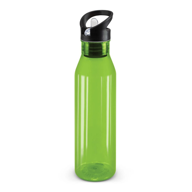 A drink bottle with a translucent green body and a black lid featuring a flip-top for easy access.
