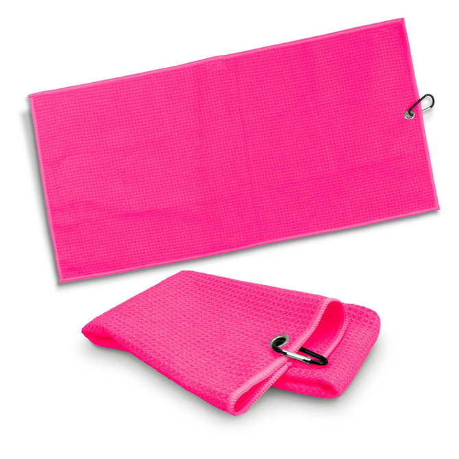 A bright pink waffle golf towel displayed flat and folded, featuring a small hook for attachment.
