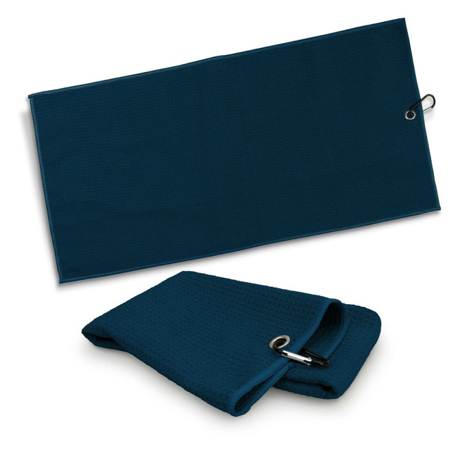 A teal waffle golf towel with a clip, laid flat and folded for easy storage.