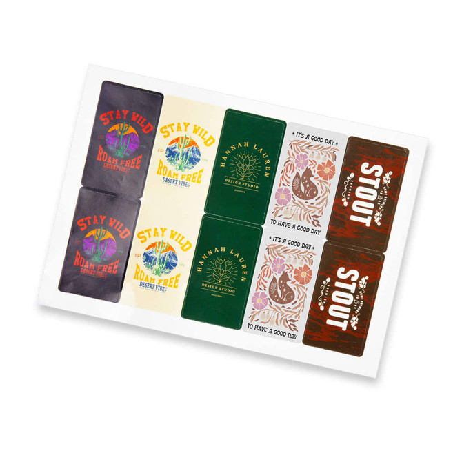 A sticker sheet featuring various designs in vibrant colours, including green, yellow, and red, with multiple logos.
