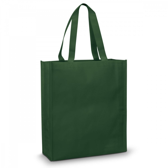 A green tote bag with sturdy handles and a simple design. It features a branding logo.