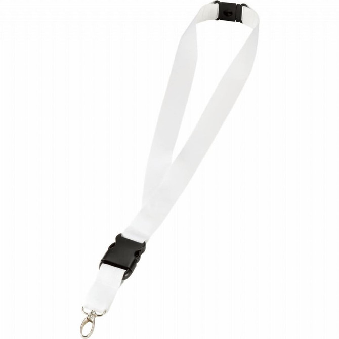 A white lanyard with a black clip and attachment for holding items, featuring an attached ring.