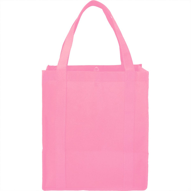A pink non-woven grocery tote with handles and a spacious interior. Features a logo on the front.