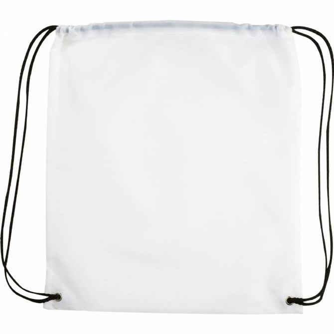 A white drawstring sportspack with black cords, featuring a simple design and no visible logo or branding.