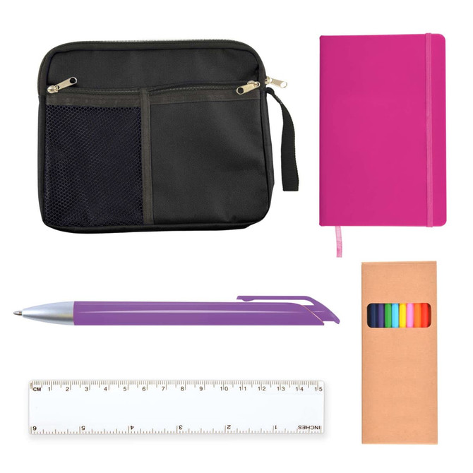 A black zipper pouch, a pink notebook, a purple pen, a ruler, and a box of colored pencils.