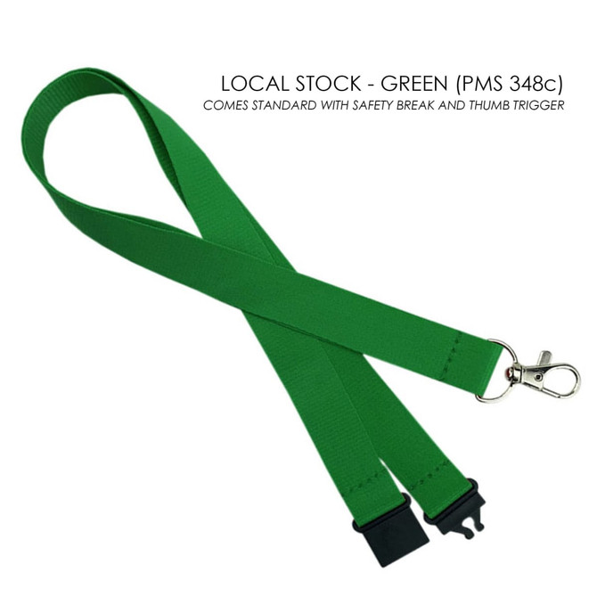 Green polyester lanyard, 20mm wide, featuring a safety break and thumb trigger. Includes a logo or branding.