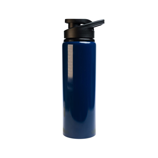 A drink bottle in a deep blue color with a black free flow lid and a sleek design.