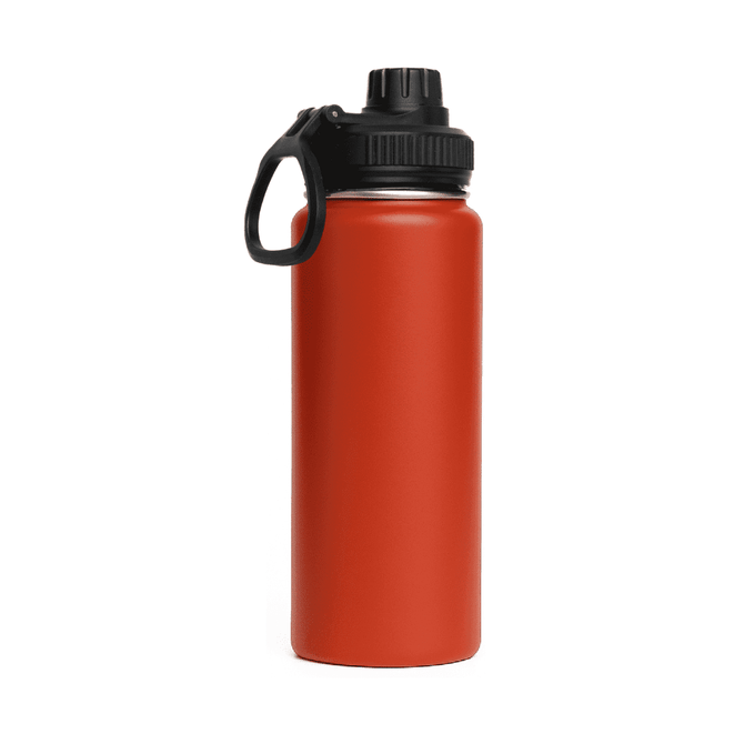 A drink bottle featuring a red body and a black screw cap lid, with a handle for easy carrying.