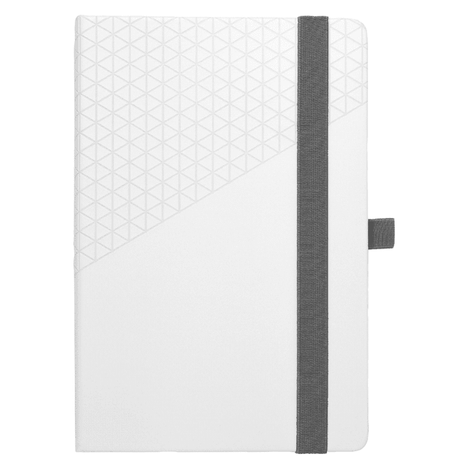 A white notebook featuring a geometric pattern on the cover, secured with a grey elastic band, and includes a logo.