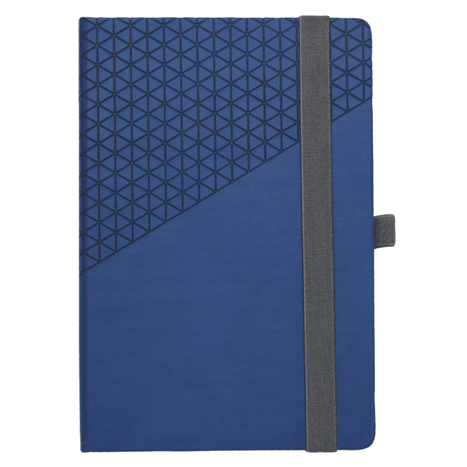 A blue notebook with a textured triangular pattern on one half and an elastic band closure. It features a logo.