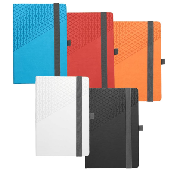 A collection of five Geo Notebooks in blue, red, orange, white, and black, featuring geometric patterns and an elastic band.