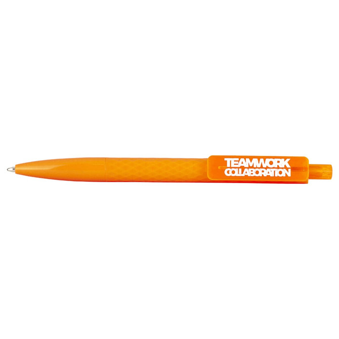 A geometric ballpoint pen in bright orange with a branding logo, featuring a textured grip.