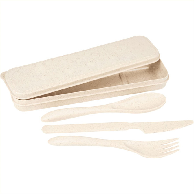A bamboo fibre cutlery set in cream colour, consisting of a spoon, fork, knife, and a matching case.